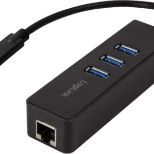 HUB extern LOGILINK, porturi USB: USB 3.0 x 3, conectare prin USB 3.2 Type C, cablu 0.1 m, retea 10/100/1000 Mbps (Gigabit), negru, "UA0283"  (timbru verde 0.8 lei)